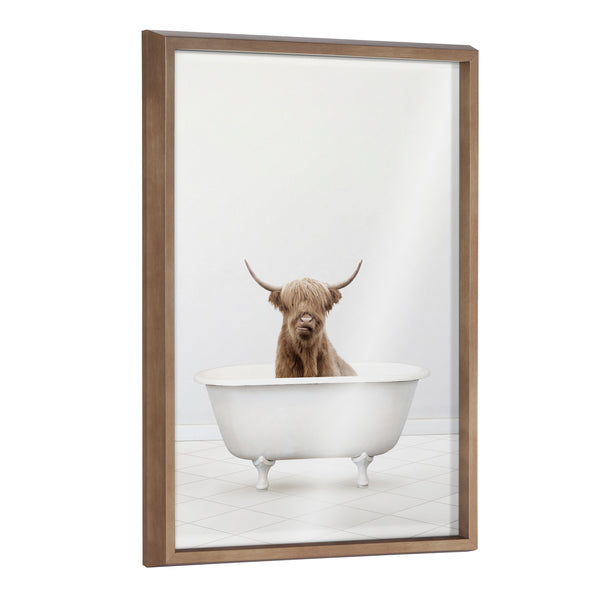 kate & laurel Blake Highland Cow Solo Bathtub Framed Printed Glass by Amy Peterson Art Studio