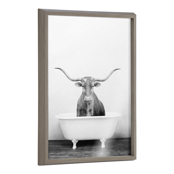 kate & laurel Blake Longhorn BW Bathroom Framed Printed Glass by Amy Peterson Art Studio