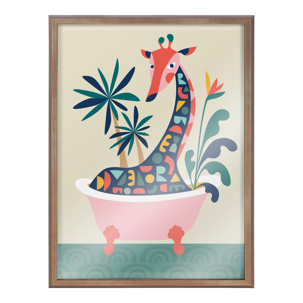 Kate & Laurel Blake Mid Century Modern Giraffe In Bathtub Framed Printed Glass By Rachel Lee Of My Dream Wall