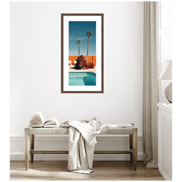 Kate & Laurel Framed Art Bison Chilling By The Pool In California By Michael Schauer