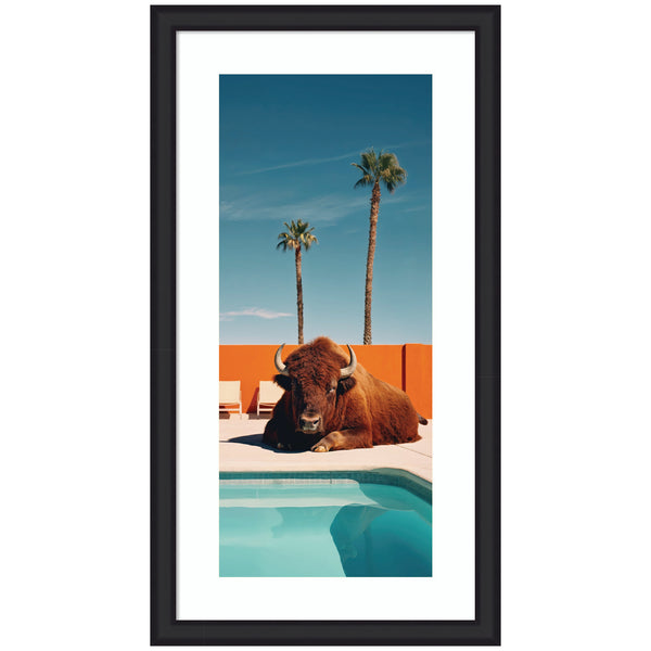 kate & laurel Framed Art Bison Chilling by the Pool in California by Michael Schauer