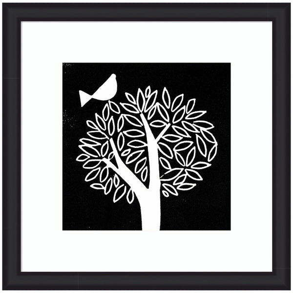 kate & laurel Framed Art Black and White Bird Tree Linocut by Giuliana Lazzerini