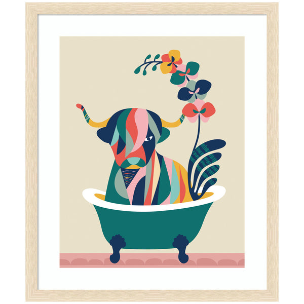 kate & laurel Framed Art Mid Century Modern Cow in Bathtub by Rachel Lee