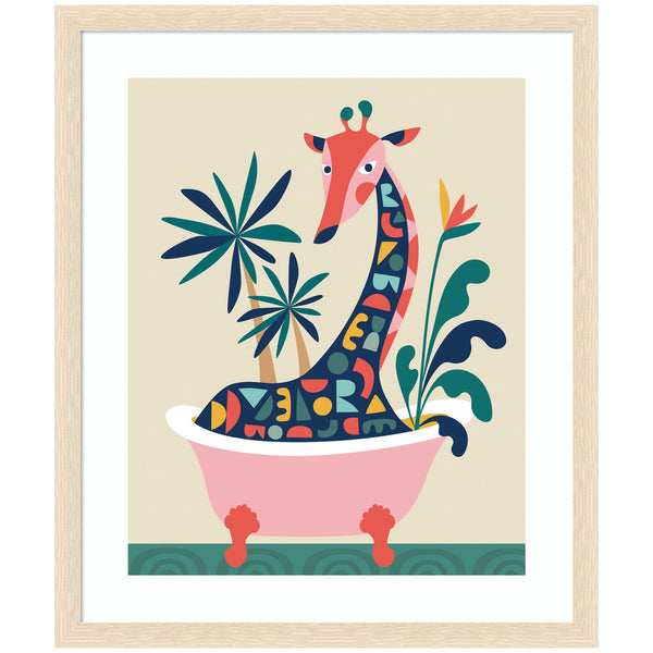 kate & laurel Framed Art Mid Century Modern Giraffe in Bathtub by Rachel Lee