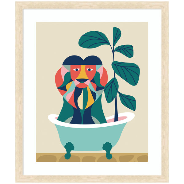 kate & laurel Framed Art Mid Century Modern Lion in Bathtub by Rachel Lee