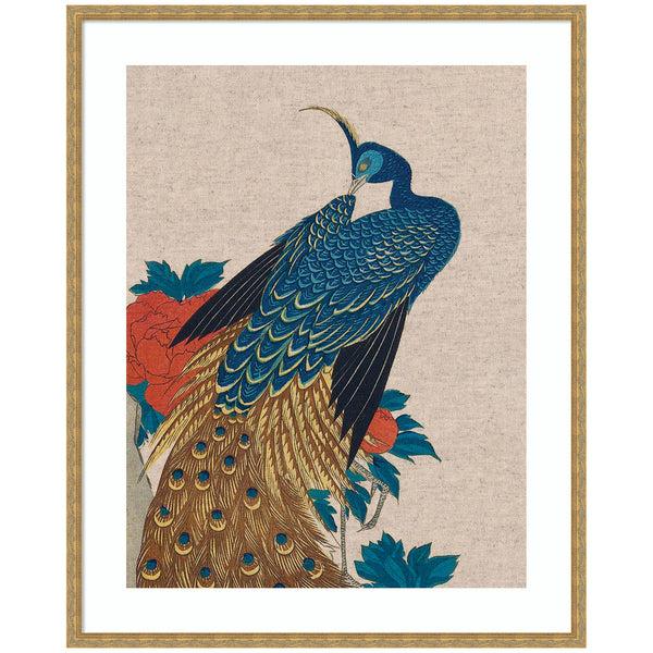 kate & laurel Framed Art Peacock and Peonies 1840 Utagawa Hiroshige Neutral Linen by The Art Institute of Chicago