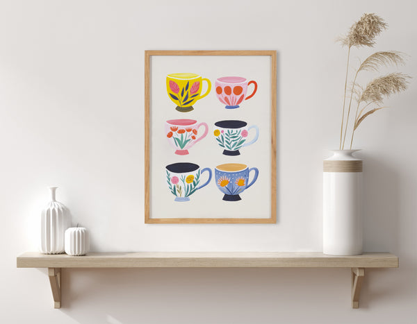 Kate & Laurel Gallery Botanical Coffee Shop Tea Cups Print By The Creative Bunch Studio