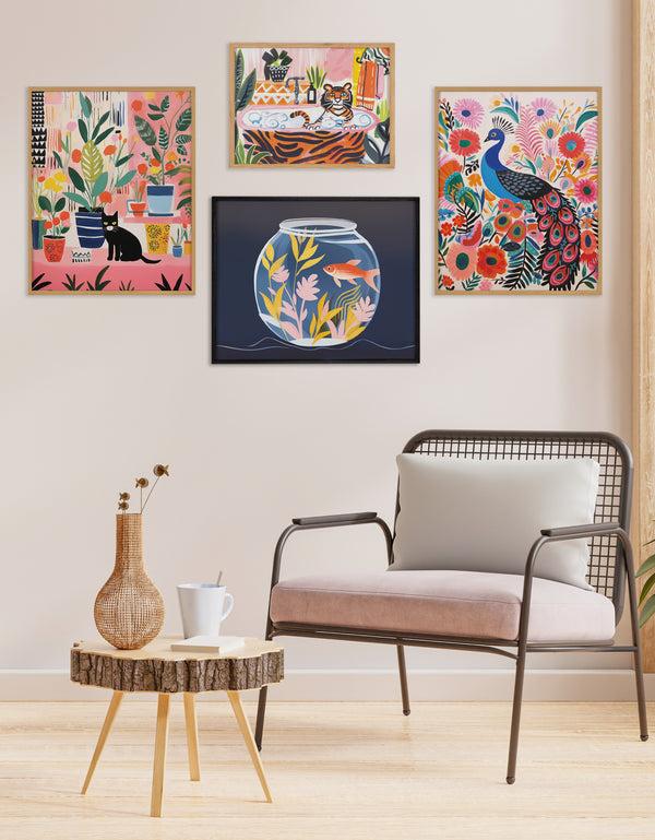 Kate & Laurel Gallery Whimsical Houseplants And A Black Kitty Cat Print By The Creative Bunch Studio