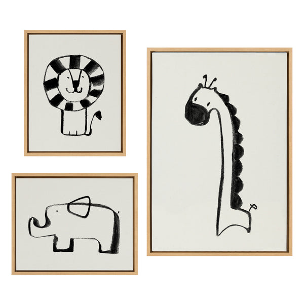 kate & laurel Sylvie 390 Giraffe BW 409 Lion BW and 400 Elephant BW Framed Canvas Art Set by Teju Reval of SnazzyHues