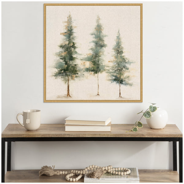 Kate & Laurel Sylvie Abstract Forest Evergreen Trees On Neutral Linen Framed Canvas By The Creative Bunch Studio