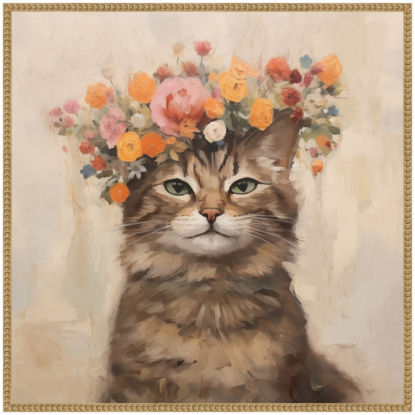 Kate & Laurel Sylvie Adorable Floral Boho Cat Framed Canvas By The Creative Bunch Studio