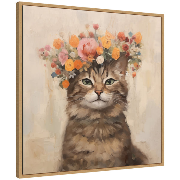 kate & laurel Sylvie Adorable Floral Boho Cat Framed Canvas by The Creative Bunch Studio
