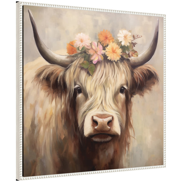 Kate & Laurel Sylvie Adorable Floral Boho Highland Cow Framed Canvas By The Creative Bunch Studio