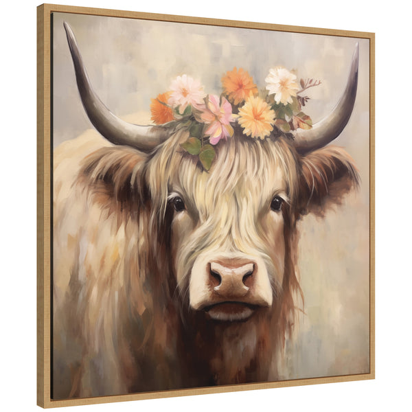 Kate & Laurel Sylvie Adorable Floral Boho Highland Cow Framed Canvas By The Creative Bunch Studio