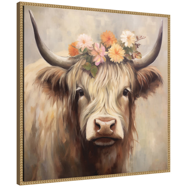 kate & laurel Sylvie Adorable Floral Boho Highland Cow Framed Canvas by The Creative Bunch Studio