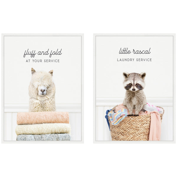 Kate & Laurel Sylvie Alpaca Fluff Fold And Racoon Little Rascal Laundry Framed Canvas Art Set By Amy Peterson
