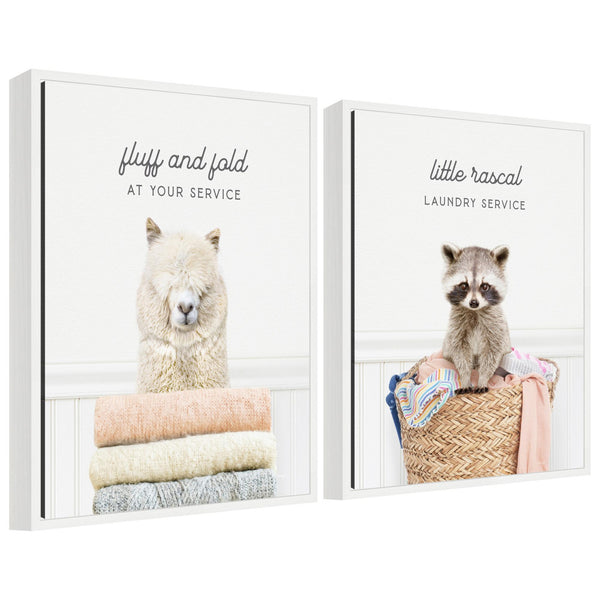 kate & laurel Sylvie Alpaca Fluff Fold and Racoon Little Rascal Laundry Framed Canvas Art Set by Amy Peterson