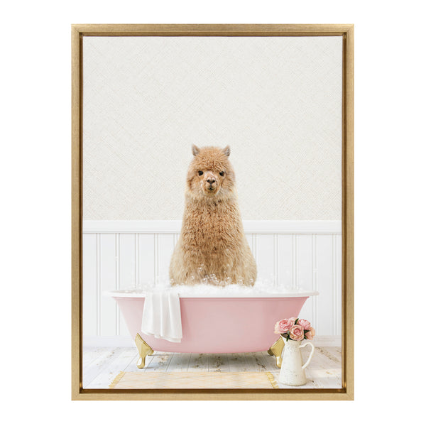 Kate & Laurel Sylvie Alpaca In Cottage Rose Bath Framed Canvas By Amy Peterson Art Studio