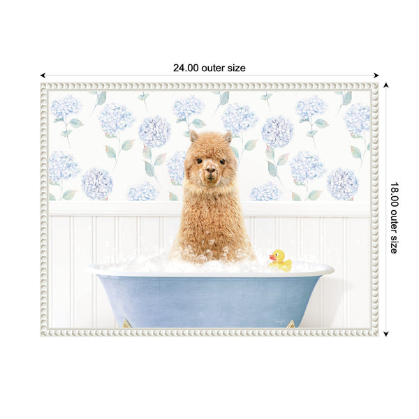 Kate & Laurel Sylvie Baby Alpaca In Hydrangea Bubble Bathtub Framed Canvas By Amy Peterson