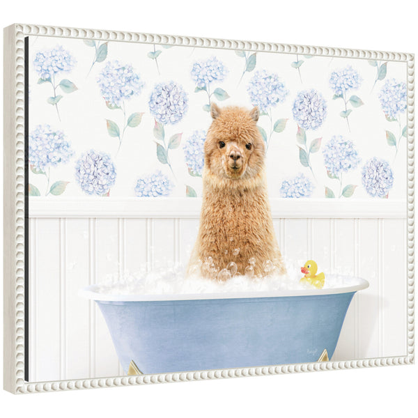 kate & laurel Sylvie Baby Alpaca in Hydrangea Bubble Bathtub Framed Canvas by Amy Peterson
