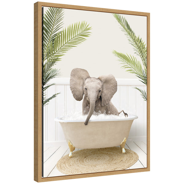 kate & laurel Sylvie Baby Elephant 3 in Palms Bathtub Framed Canvas by Amy Peterson