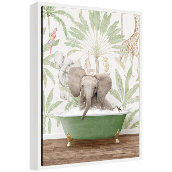 kate & laurel Sylvie Baby Elephant 3 in Wild Safari Bathtub Framed Canvas by Amy Peterson