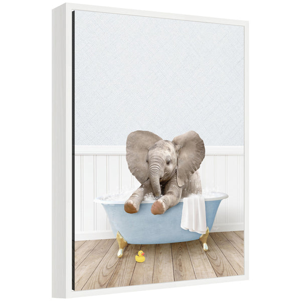kate & laurel Sylvie Baby Elephant 6 in Cottage Blue Bathtub Framed Canvas by Amy Peterson