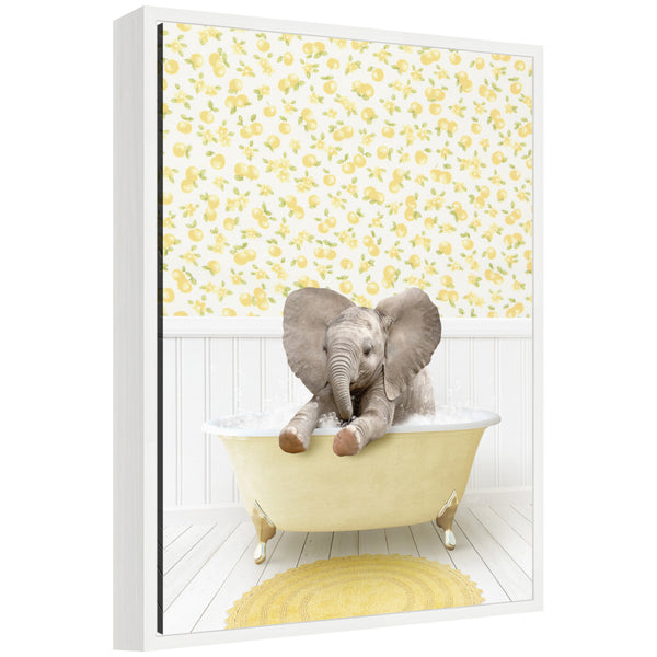 kate & laurel Sylvie Baby Elephant 6 in Cottage Yellow Bathtub Framed Canvas by Amy Peterson