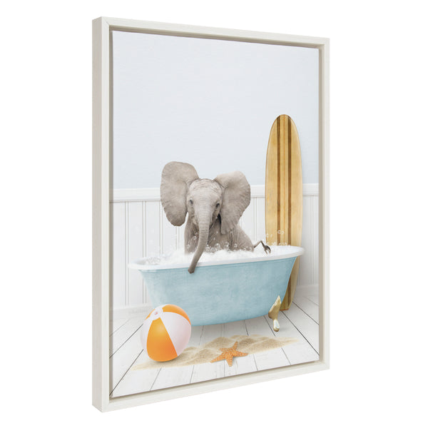 Kate & Laurel Sylvie Baby Elephant Beach House Bath With Surfboard Framed Canvas By Amy Peterson