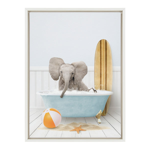 Kate & Laurel Sylvie Baby Elephant Beach House Bath With Surfboard Framed Canvas By Amy Peterson