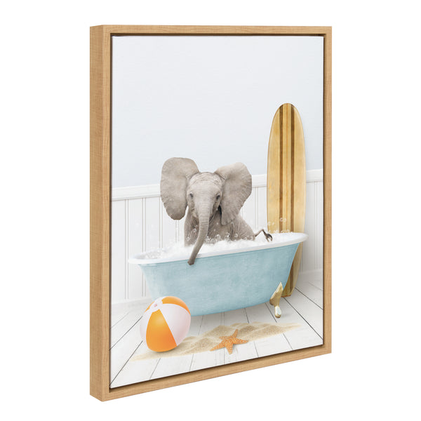 kate & laurel Sylvie Baby Elephant Beach House Bath with Surfboard Framed Canvas by Amy Peterson