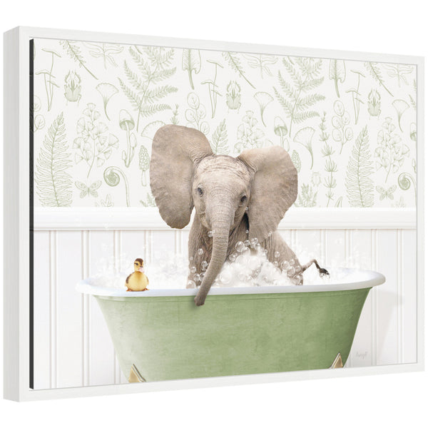 kate & laurel Sylvie Baby Elephant No3 in Fern Bath Framed Canvas by Amy Peterson