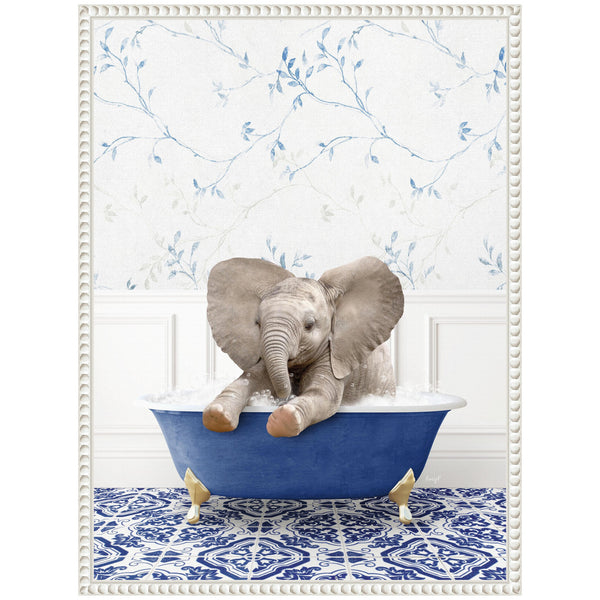 Kate & Laurel Sylvie Baby Elephant No6 In Eclectic Blue Bath Framed Canvas By Amy Peterson