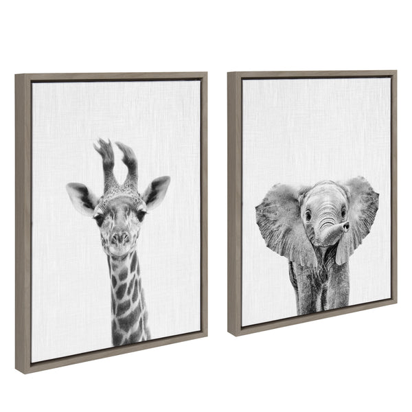 Kate & Laurel Sylvie Baby Giraffe And Elephant Framed Canvas Art Set By Simon Te Of Tai Prints