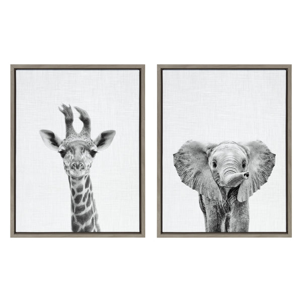kate & laurel Sylvie Baby Giraffe and Elephant Framed Canvas Art Set by Simon Te of Tai Prints