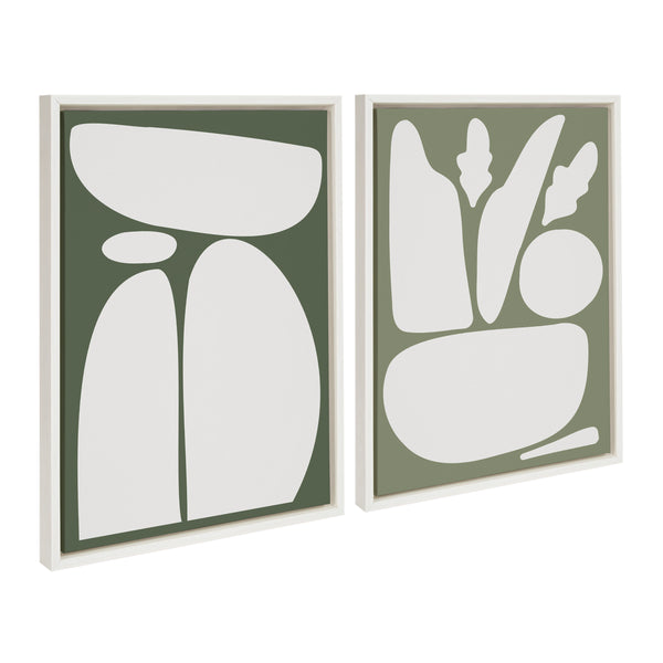 kate & laurel Sylvie Balancing Zen Rocks Dark Green and Zen Botanical Rock Sage Green Framed Canvas by The Creative Bunch Studio