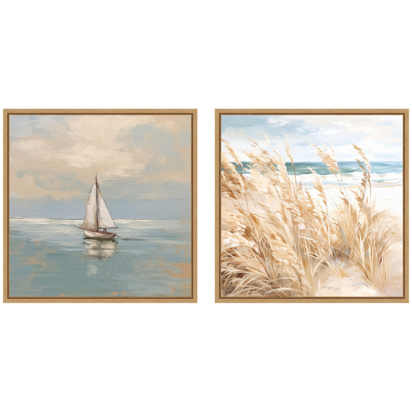 Kate & Laurel Sylvie Beach Grass And Calm Pastel Sailboat Framed Canvas Art Set By The Creative Bunch Studio