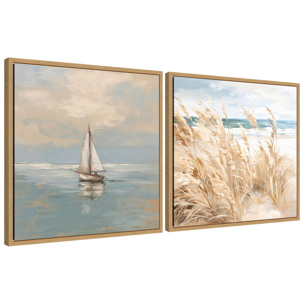 kate & laurel Sylvie Beach Grass and Calm Pastel Sailboat Framed Canvas Art Set by The Creative Bunch Studio