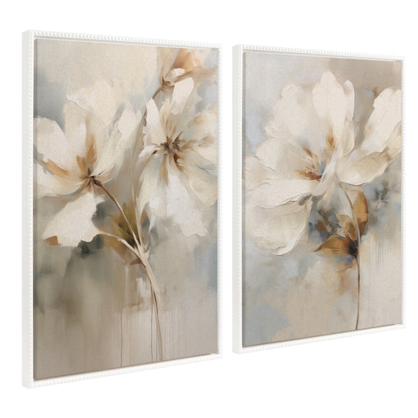 Kate & Laurel Sylvie Beaded Abstract Botanical Floral Linen Painting 1 And 2 Framed Canvas Art Set By The Creative Bunch Studio