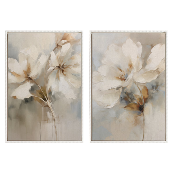 kate & laurel Sylvie Beaded Abstract Botanical Floral Linen Painting 1 and 2 Framed Canvas Art Set by The Creative Bunch Studio