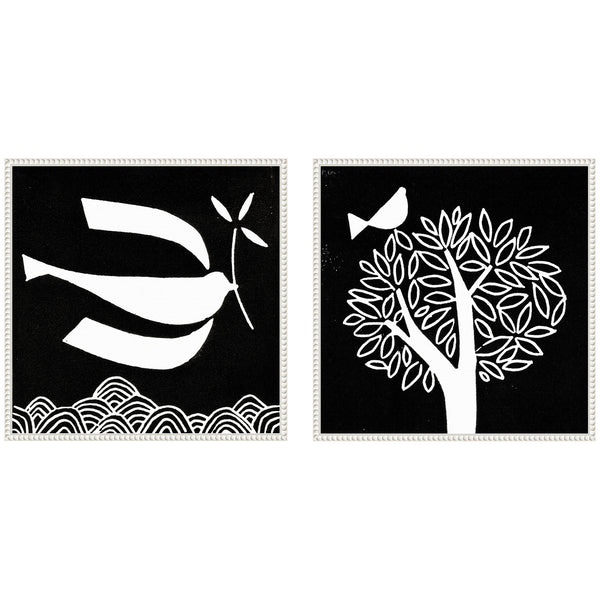 kate & laurel Sylvie Beaded Black and White Linocut Birds Framed Canvas Art Set by Giuliana Lazzerini