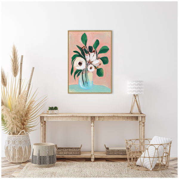 Kate & Laurel Sylvie Beaded Blush In Bloom Framed Canvas By Nikita Jariwala