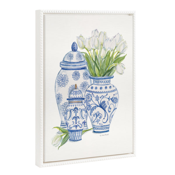 Kate & Laurel Sylvie Beaded Chinoiserie Jars With White Tulips Framed Canvas By Patricia Shaw