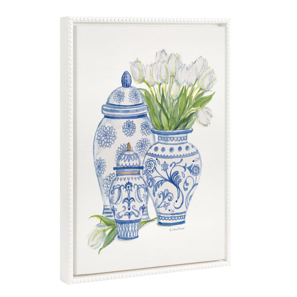 kate & laurel Sylvie Beaded Chinoiserie Jars with White Tulips Framed Canvas by Patricia Shaw