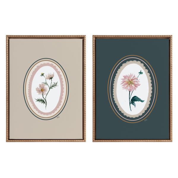 Kate & Laurel Sylvie Beaded Cosmo In Oval And Dahlia In Oval Framed Canvas Art Set By Valerie McKeehan Of Lily And Val