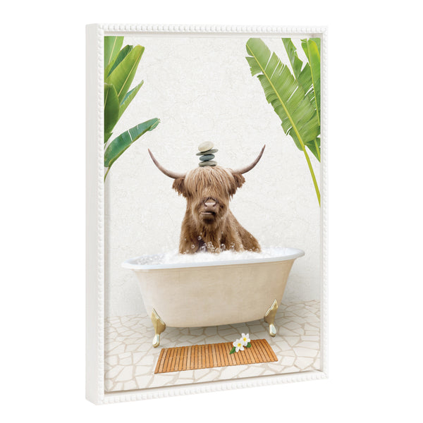 Kate & Laurel Sylvie Beaded Highland Cow And Stacked Rocks Bali Bath Framed Canvas By Amy Peterson