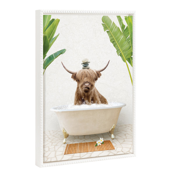 kate & laurel Sylvie Beaded Highland Cow and Stacked Rocks Bali Bath Framed Canvas by Amy Peterson