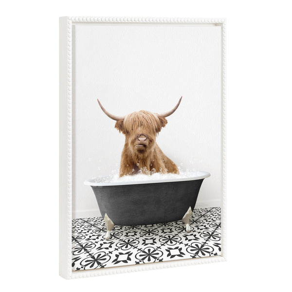 Kate & Laurel Sylvie Beaded Highland Cow In Black And White Stencil Bath Framed Canvas By Amy Peterson