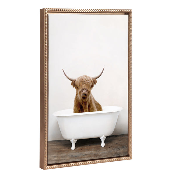 kate & laurel Sylvie Beaded Highland Cow in the Tub Color Framed Canvas by Amy Peterson