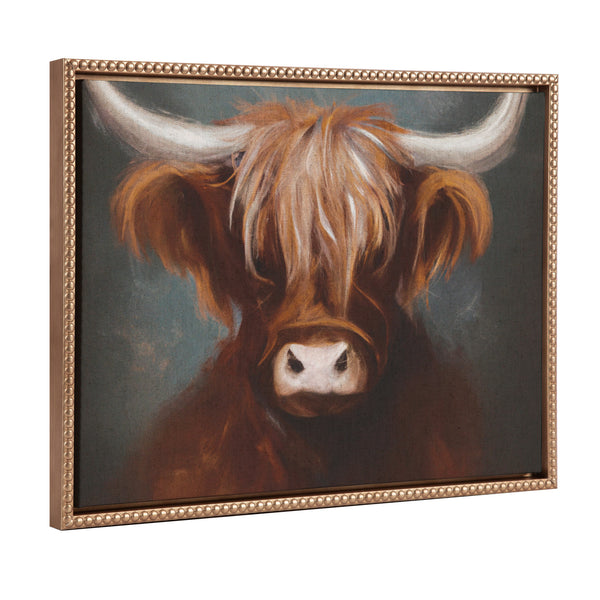 Kate & Laurel Sylvie Beaded Highland Cow Portrait Painting On Neutral Linen Framed Canvas By The Creative Bunch Studio